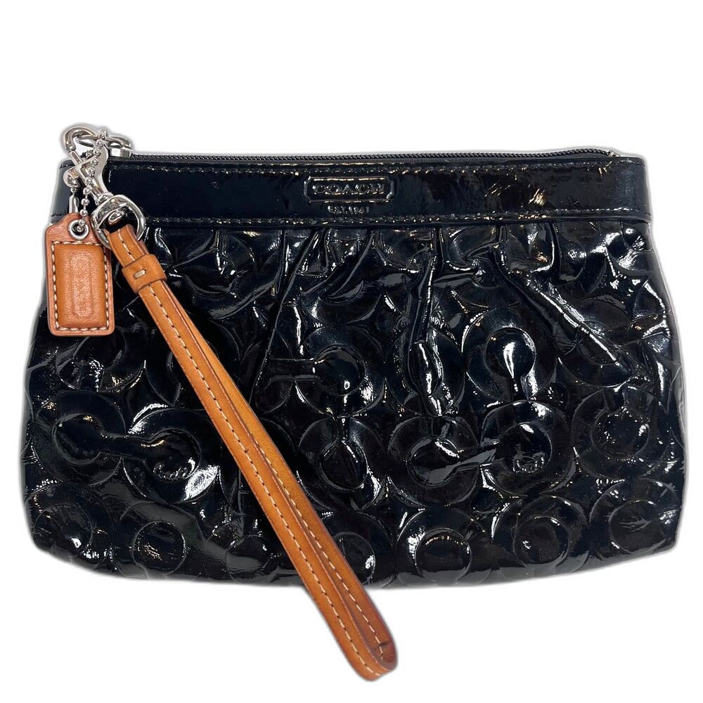 Coach Signature Embossed Black Patent Leather Wristlet Tan Leather Strap & Tag